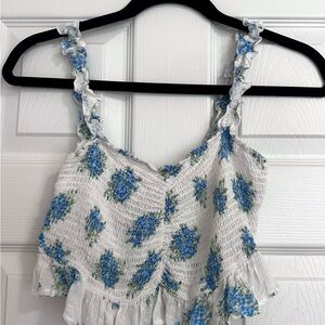 Vestique Cropped Floral Smocked Ruffle Strap Tank Top - White and Blue